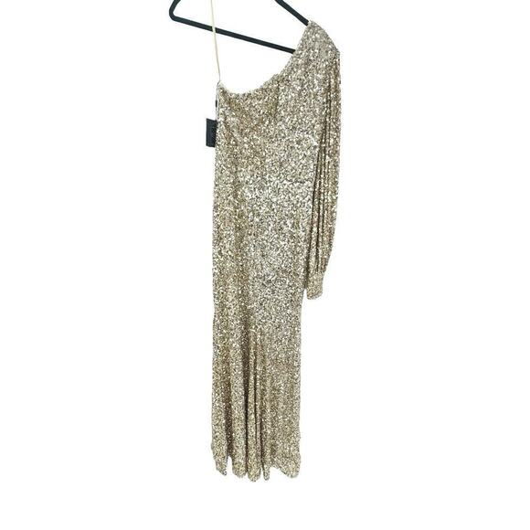 Mac Duggal 26717 Sequined One Shoulder Bishop Sleeve Trumpet Gown Gold SZ 8 NWT - Picture 5 of 12